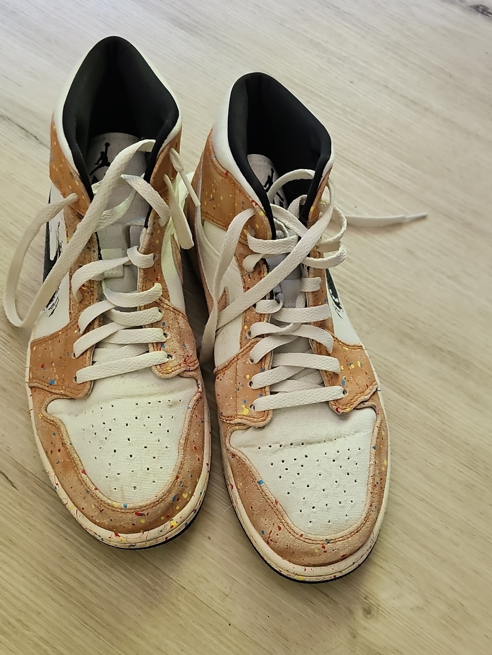 Jordan High-Top Sneakers in White and Tan with Multicolor Paint Splatter